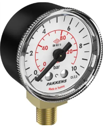 Manometr quru tipli (0-10 bar 50 mm, G1/4"B alt bağlantı) Pakkens 0501000107