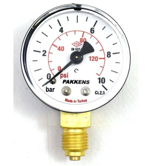 Manometr quru tipli (0-10 bar 50 mm, G1/4"B alt bağlantı metal gövdə) Pakkens 0501000107MG