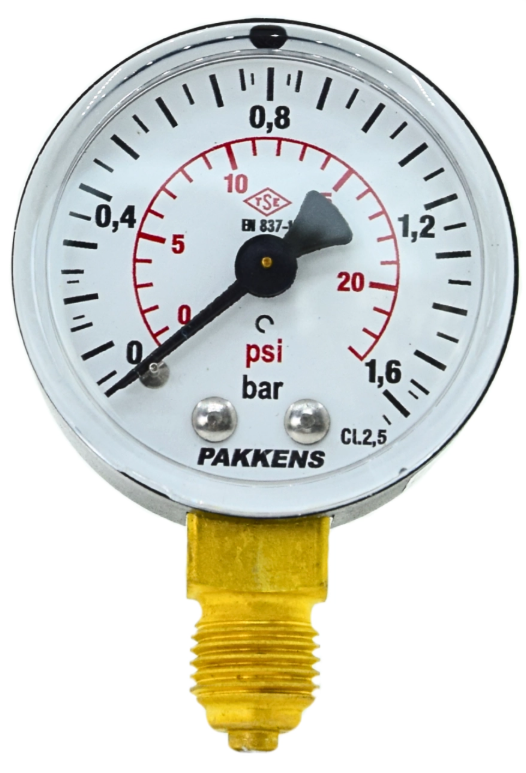 Manometr quru tipli (0-2,5 bar 63 мм 1/4" alt bağlantı) Pakkens 0631000104