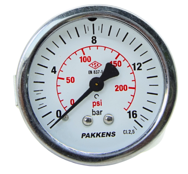 Manometr quru tipli (0-16 bar 40 mm, 1/8"B panel bağlantı) Pakkens 0401000308
