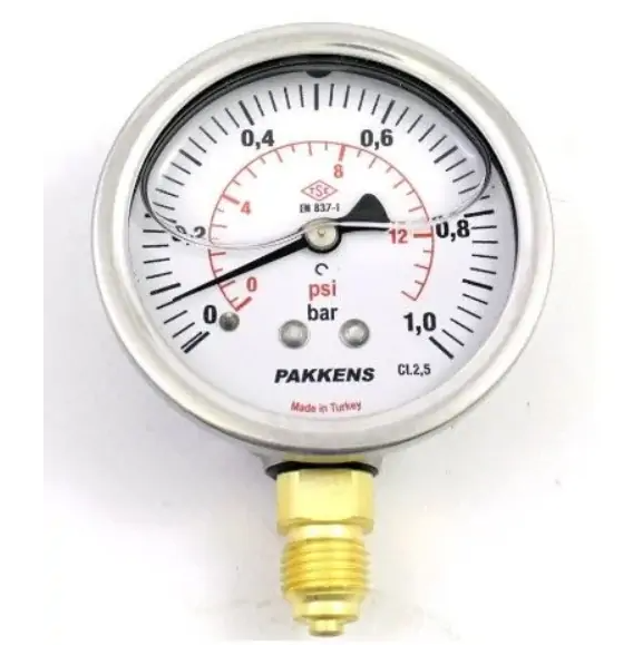 Manometr qliserinli (0-1 bar 63 mm 1/4" alt bağlantı) Pakkens 0631001102
