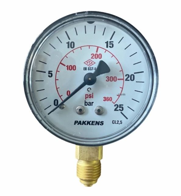 Manometr quru tipli (0-25 bar 50 mm, G1/4"B alt bağlantı) Pakkens 0501000109
