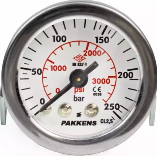 Manometr quru tipli (0-250 bar 40 mm, 1/8"B panel bağlantı) Pakkens 0401000314
