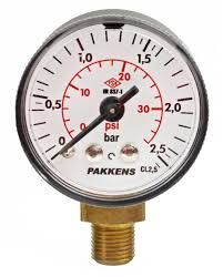 Manometr quru tipli (0-2,5 bar 50 mm, G1/4"B alt bağlantı) Pakkens 0501000104