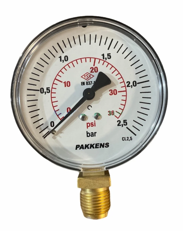 Manometr quru tipli (0-2,5 bar 50 mm, G1/4"B alt bağlantı metal gövdə) Pakkens 0501000104MG