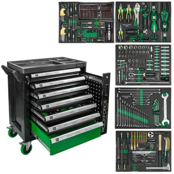 Тележка с инструментами Rockforce, 7 секций / 274 предмета / зеленая, RF-55300